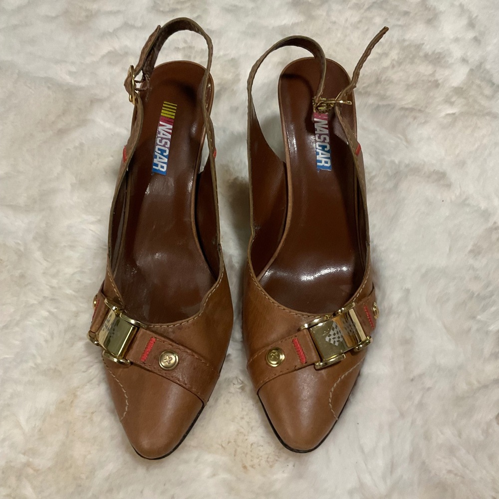 NASCAR Size 8.5 Slingback Pumps Brown Womens Leather Gold Hardware